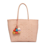 Sylvia Med Handwoven Tote w/ Pom-Poms