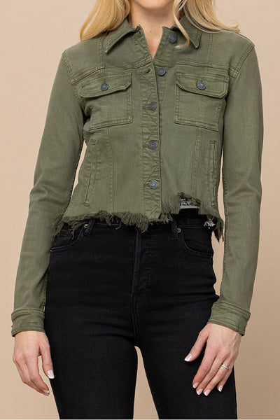 HIDDEN Military Olive Frayed Cropped Fitted Jacket