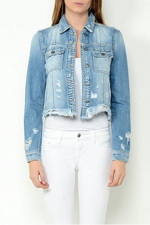 HIDDEN Light Wash Denim Frayed Bottom Fitted Jacket